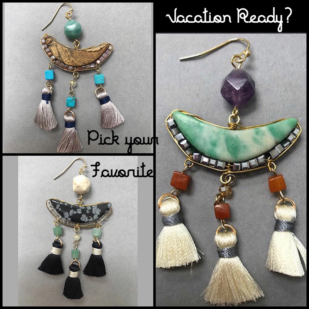 Triple Tassel Natural Stone Earrings, Avail In 3 Colors,Nwt